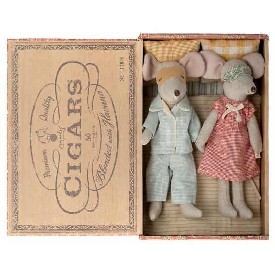 Souris maman et papa dans leur boîte à cigare